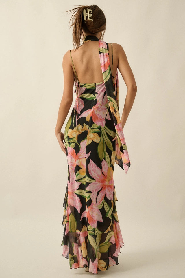FLORAL PRINT MAXI DRESS W/ NECK SCARF