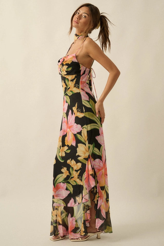 FLORAL PRINT MAXI DRESS W/ NECK SCARF