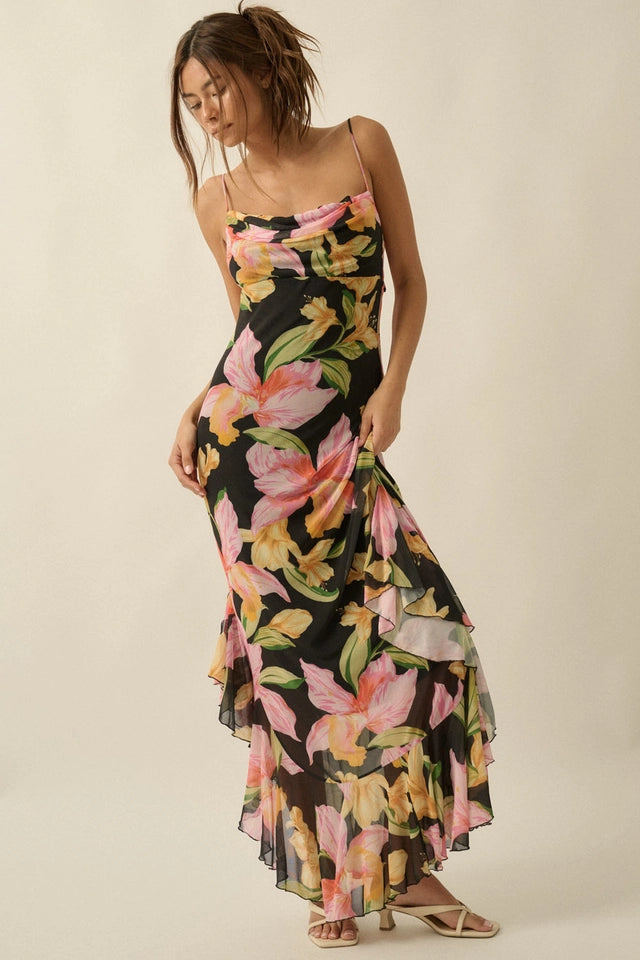 FLORAL PRINT MAXI DRESS W/ NECK SCARF