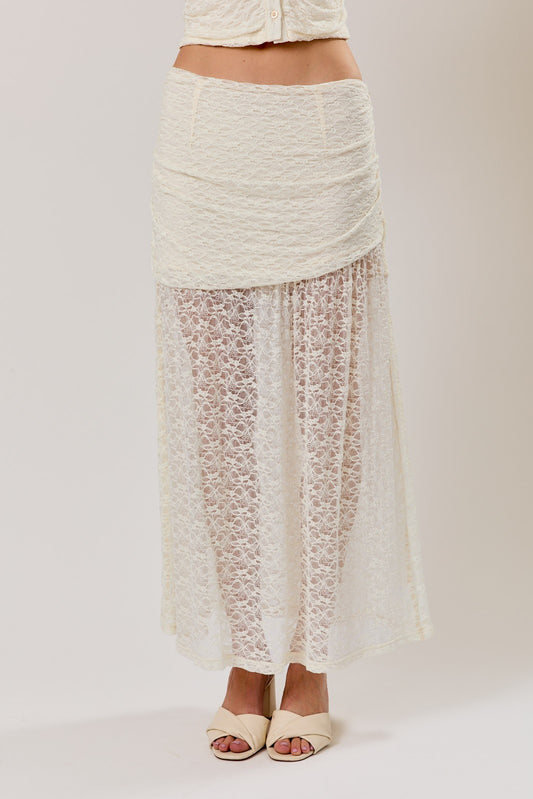 RUCHED LACE MIDI SKIRT