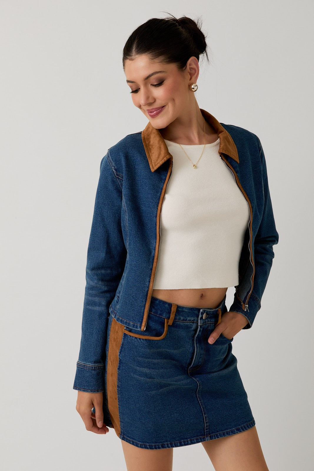 SUEDE TRIM DETAIL DENIM SKORT