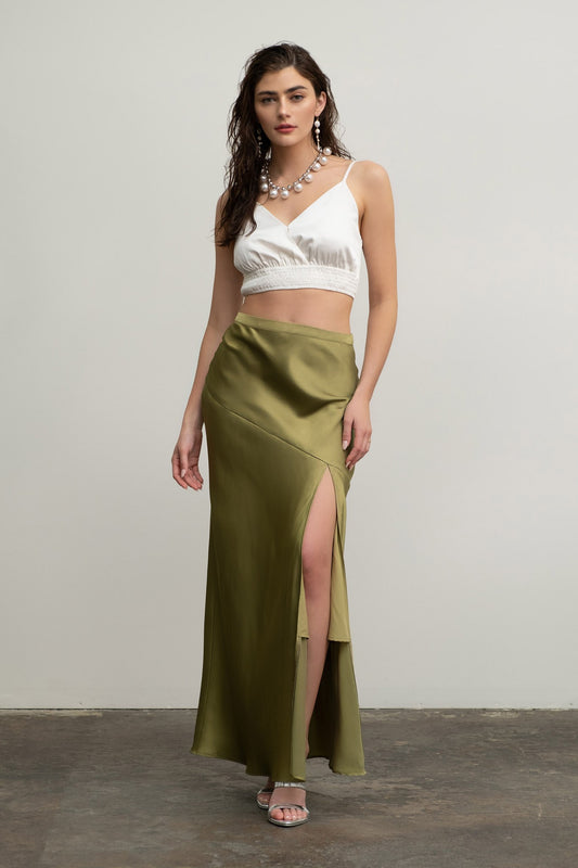 SIDE SLIT SATIN MIDI SKIRT