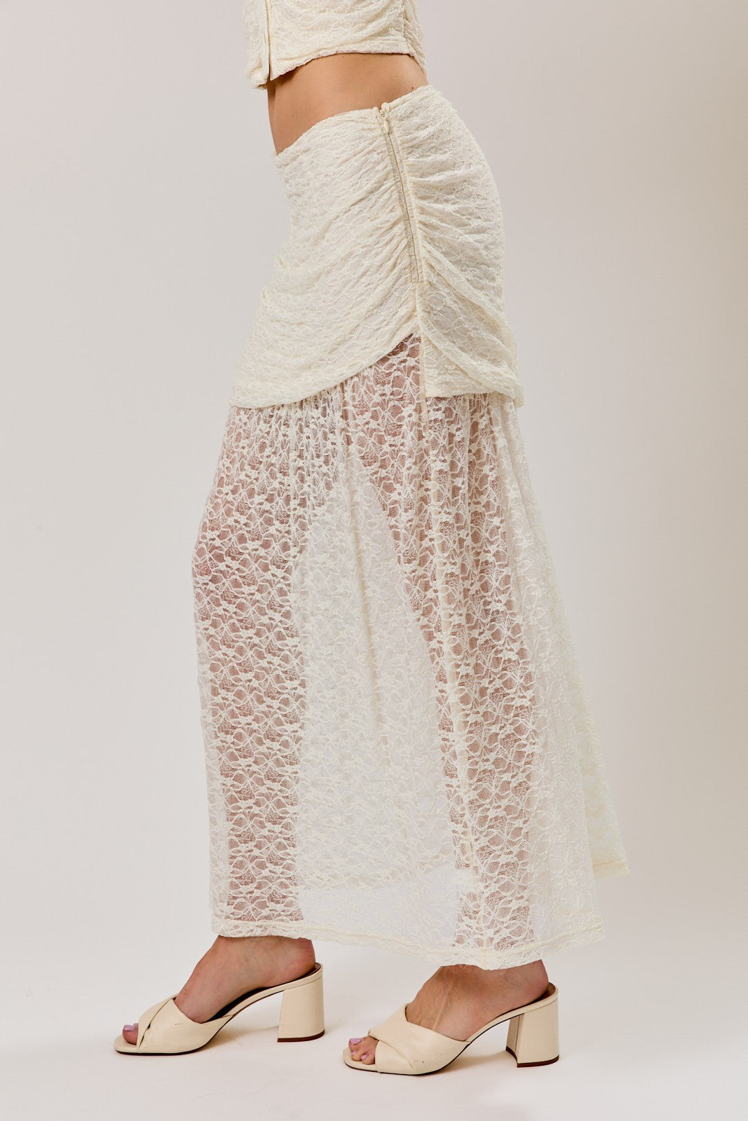 RUCHED LACE MIDI SKIRT