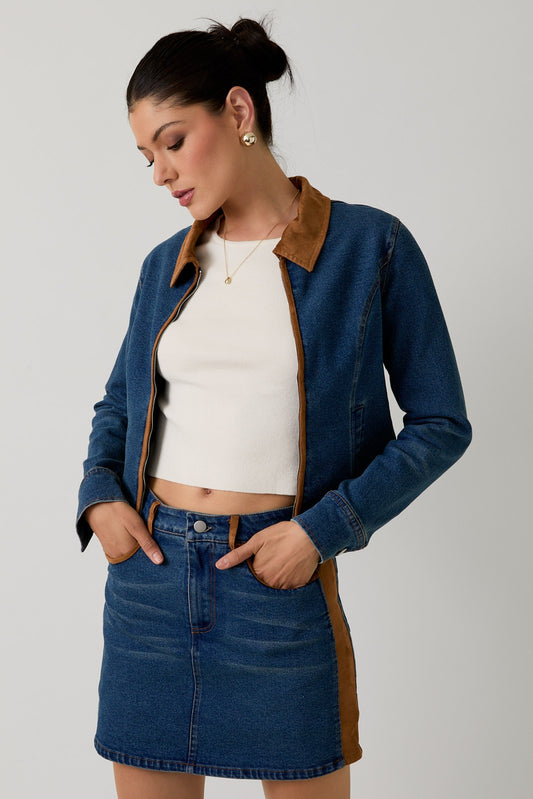 SUEDE TRIM DETAIL DENIM SKORT