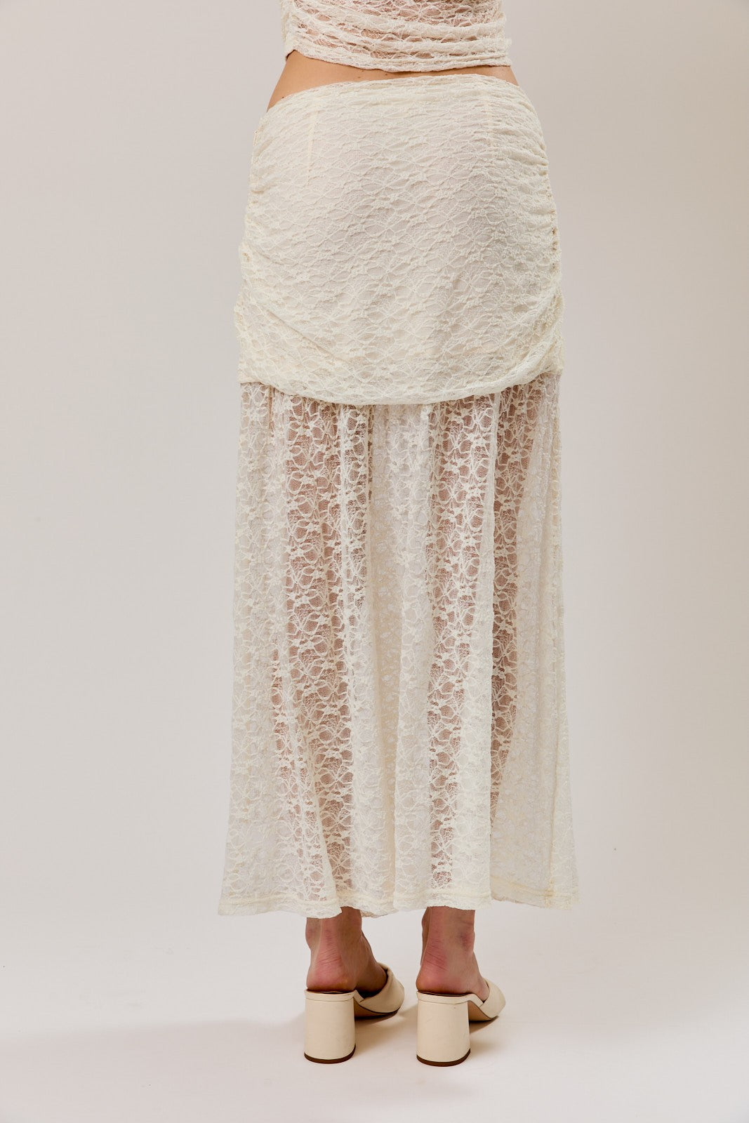 RUCHED LACE MIDI SKIRT