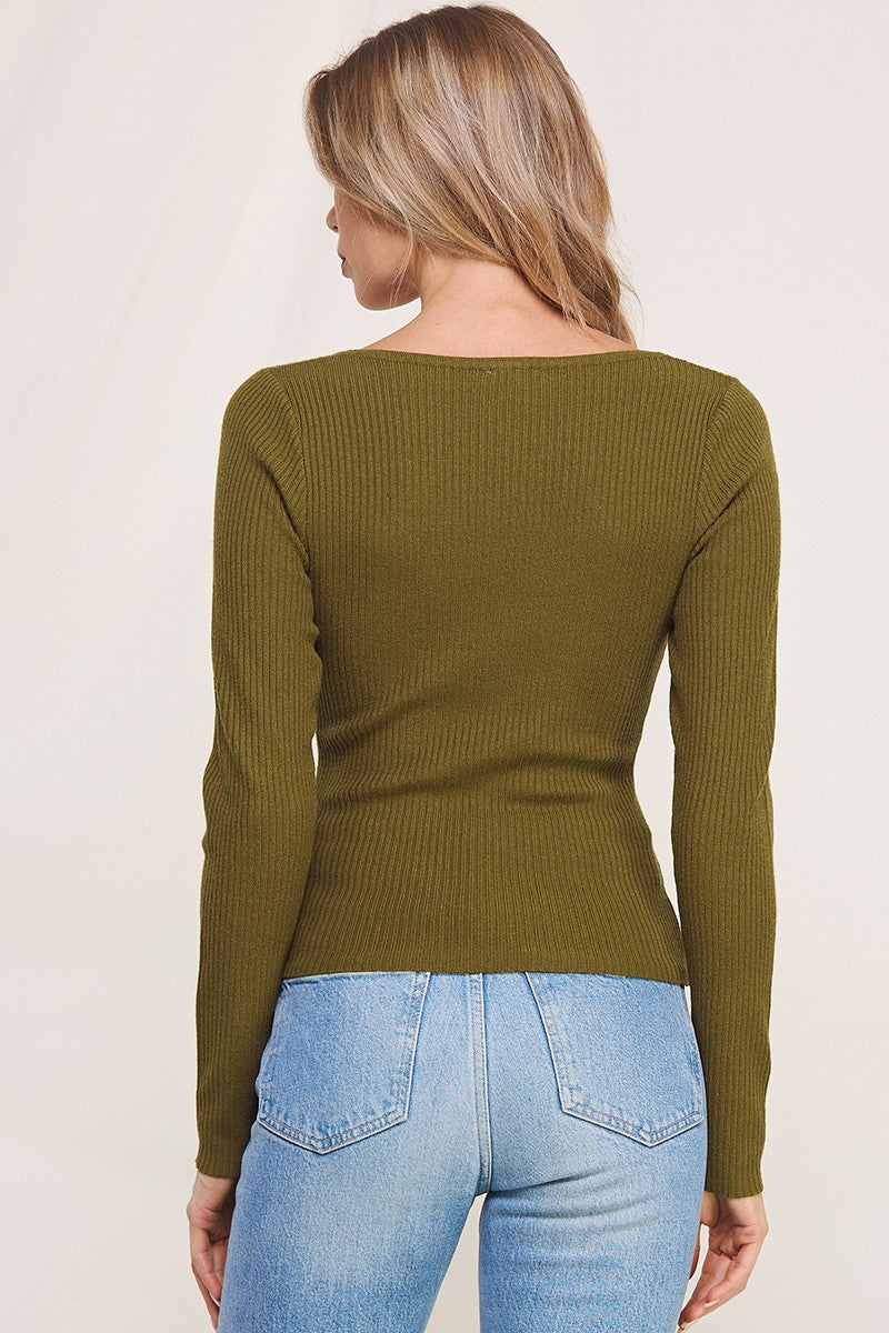 SQUARE NECK OLIVE KNIT TOP