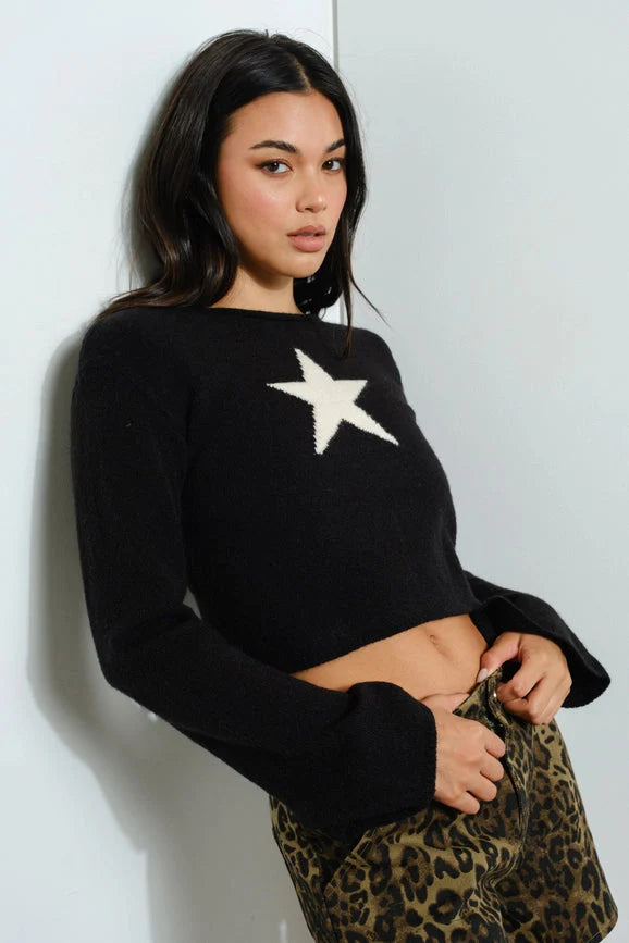 CROPPED BOAT NECK STAR SWEATER