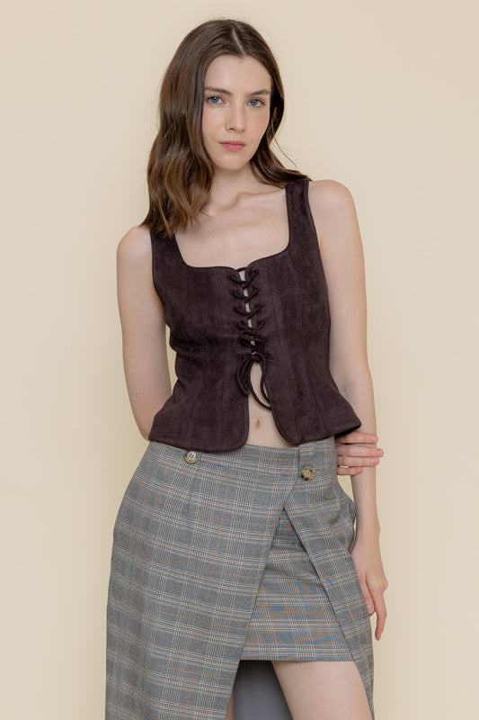 FAUX SUEDE TIE FRONT TOP