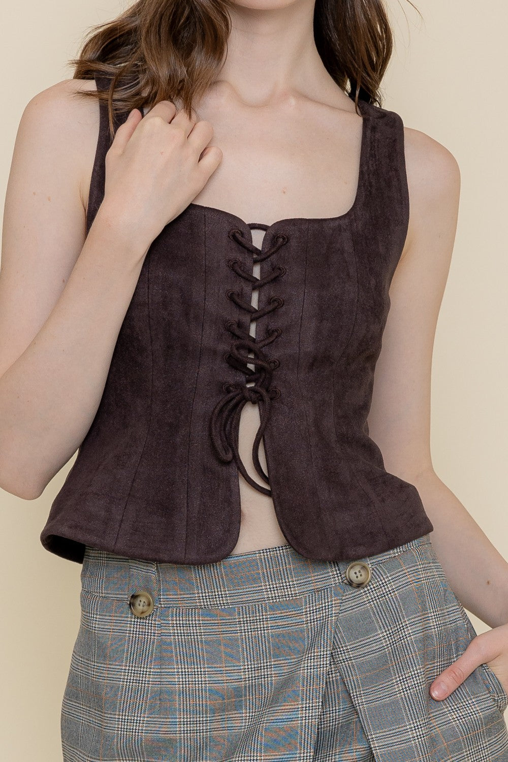 FAUX SUEDE TIE FRONT TOP