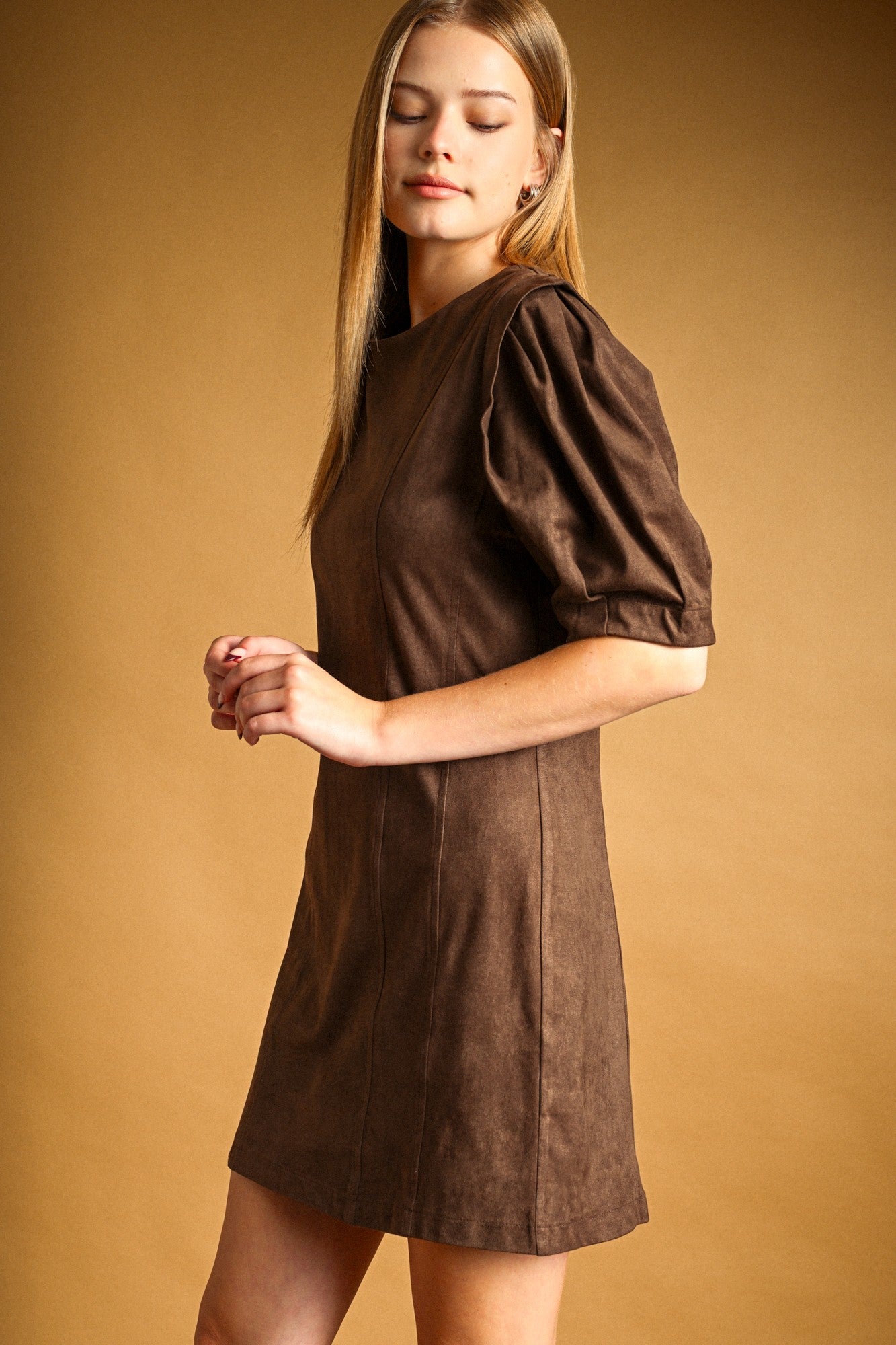 SUEDE BARREL SHIFT DRESS