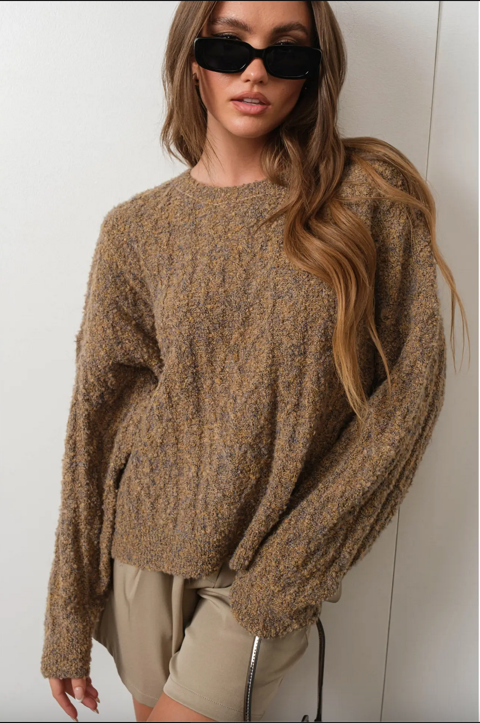 BOUCLE CABLE KNIT SWEATER