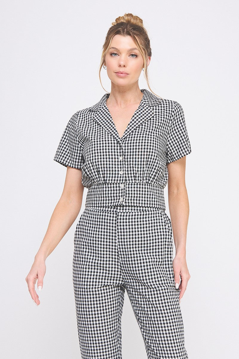 GINGHAM PRINT CROPPED BLOUSE