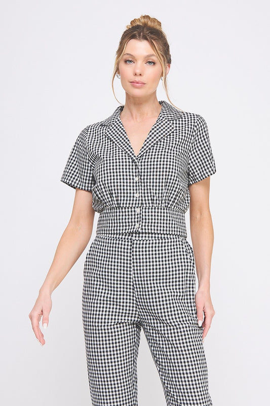GINGHAM PRINT CROPPED BLOUSE