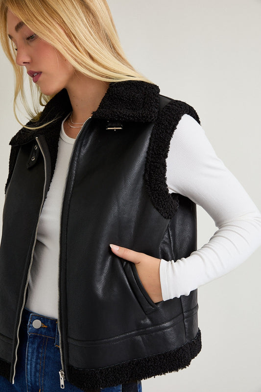 FAUX LEATHER SHERPA TRIM VEST