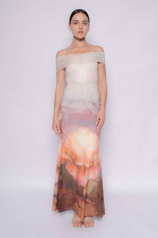 FLORAL PRINT MAXI DRESS W/ CAPE