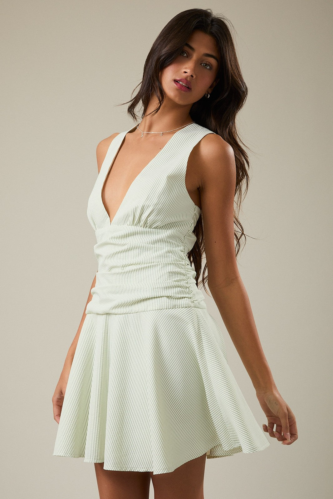 STRIPED MINI DRESS W/ SHIRRING DETAIL
