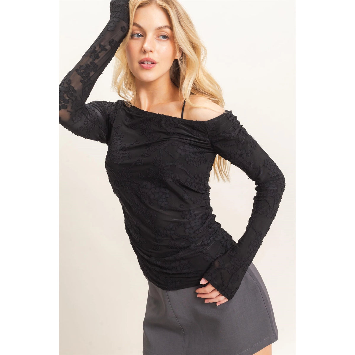 TEXTURED MESH OFF SHOULDER