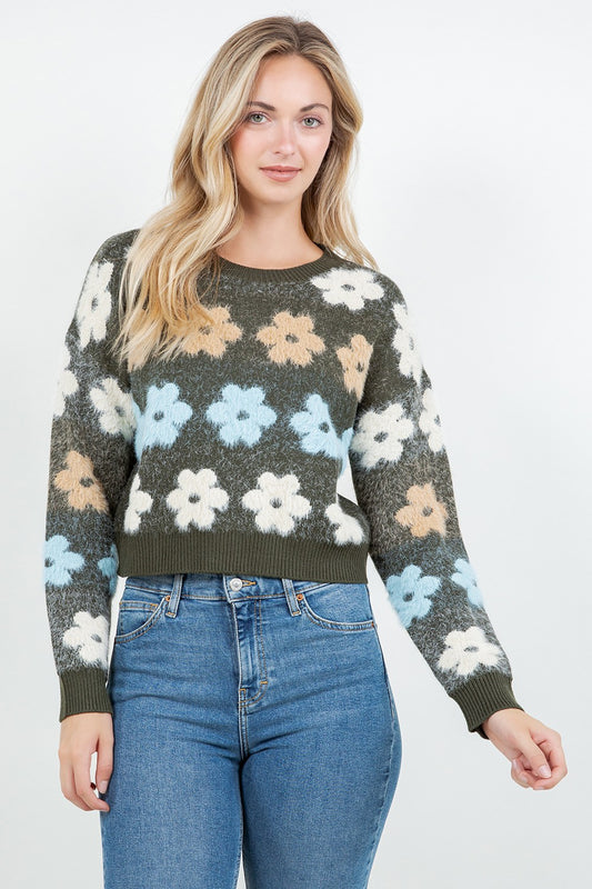 FUZZY FLORAL PRINT SWEATER