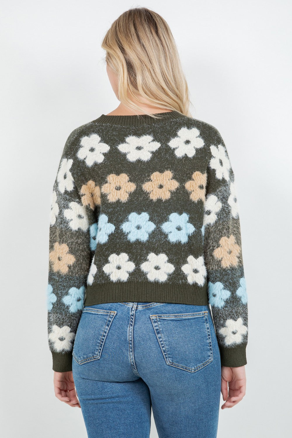 FUZZY FLORAL PRINT SWEATER