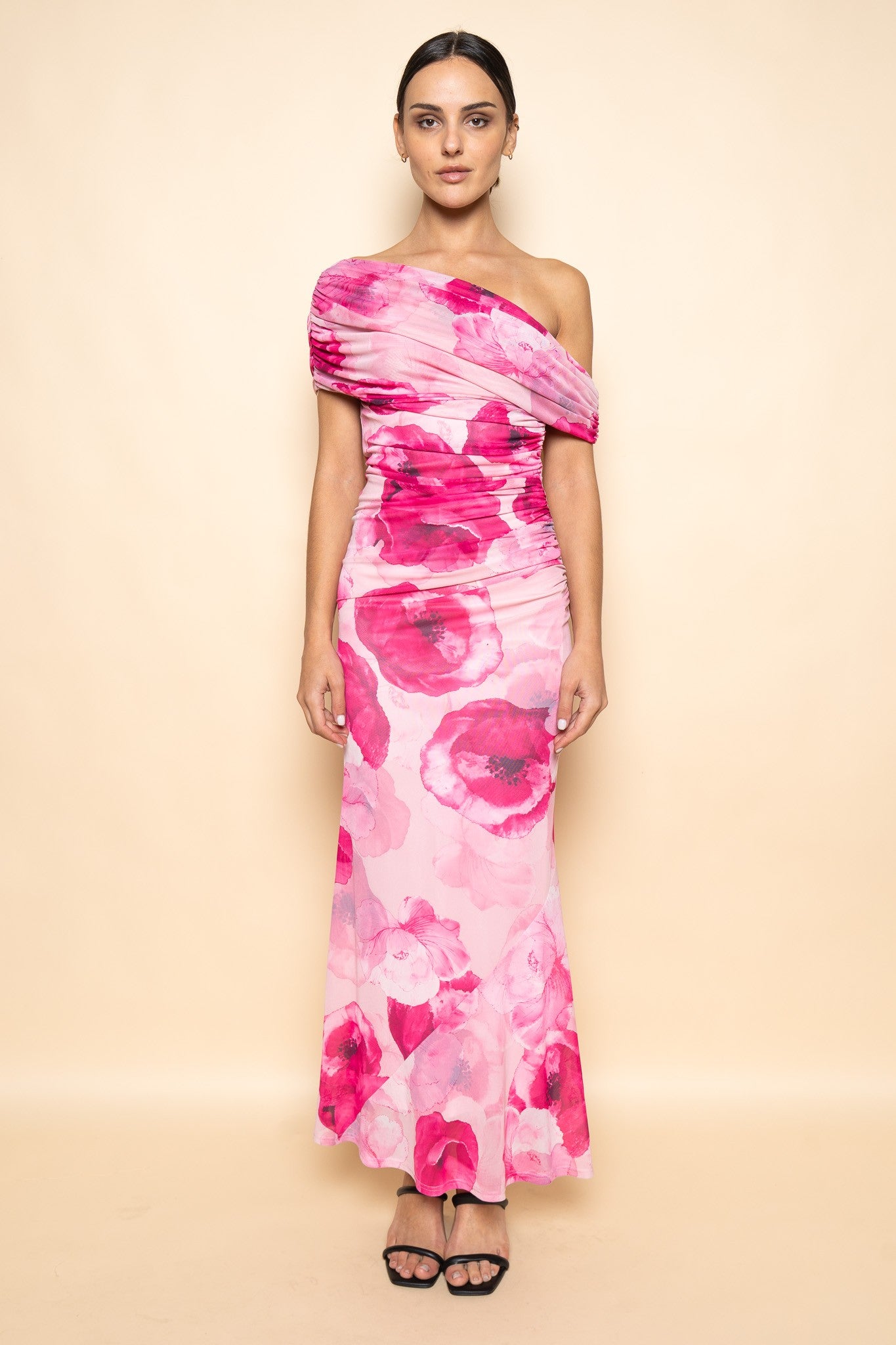 FLORAL PRINT COWL BACK MAXI DRESS
