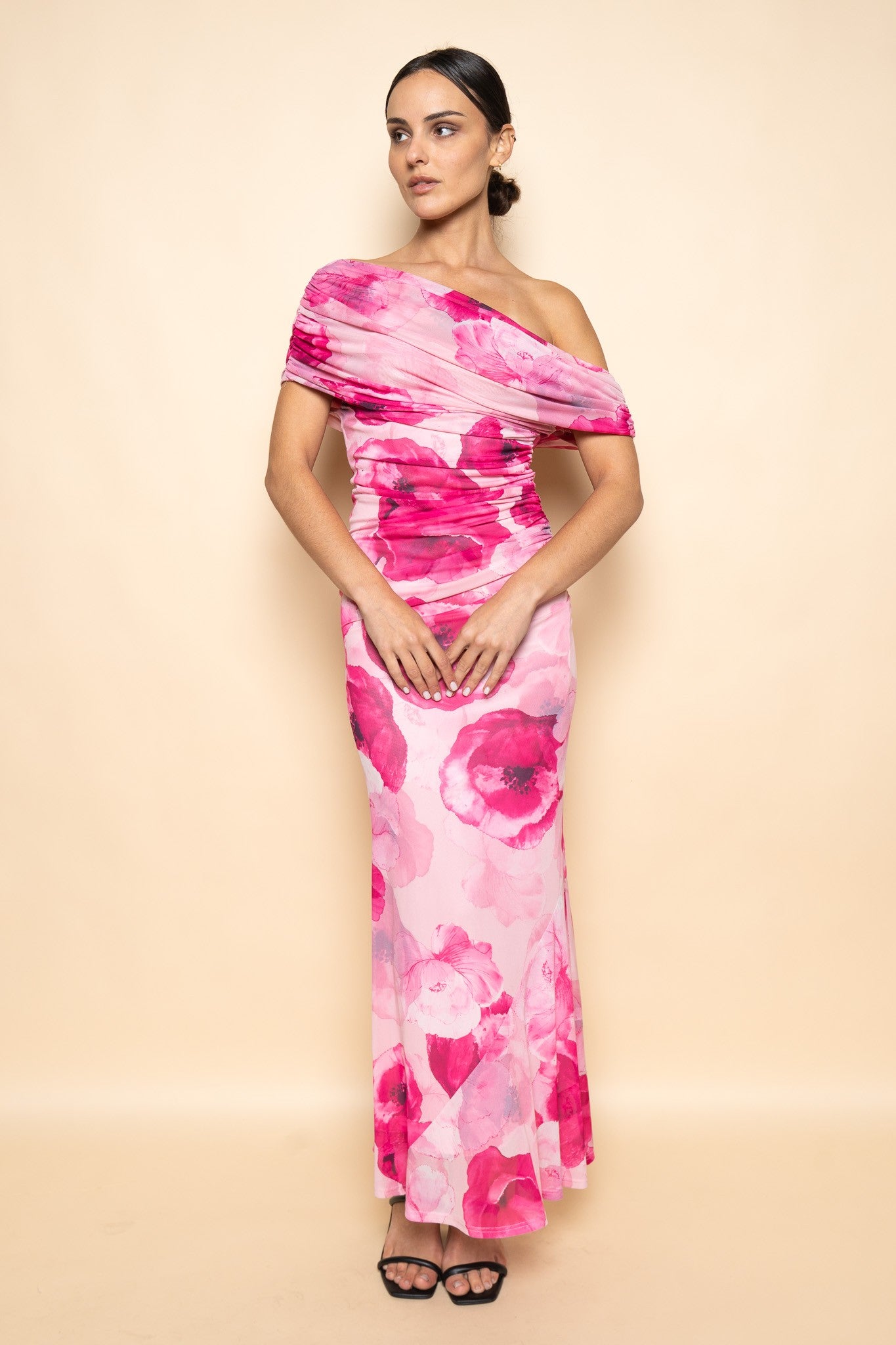 FLORAL PRINT COWL BACK MAXI DRESS