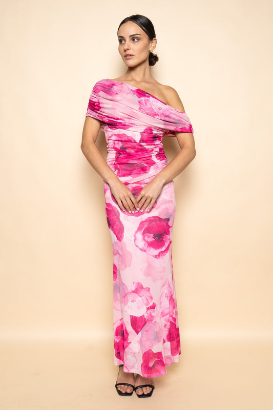FLORAL PRINT COWL BACK MAXI DRESS
