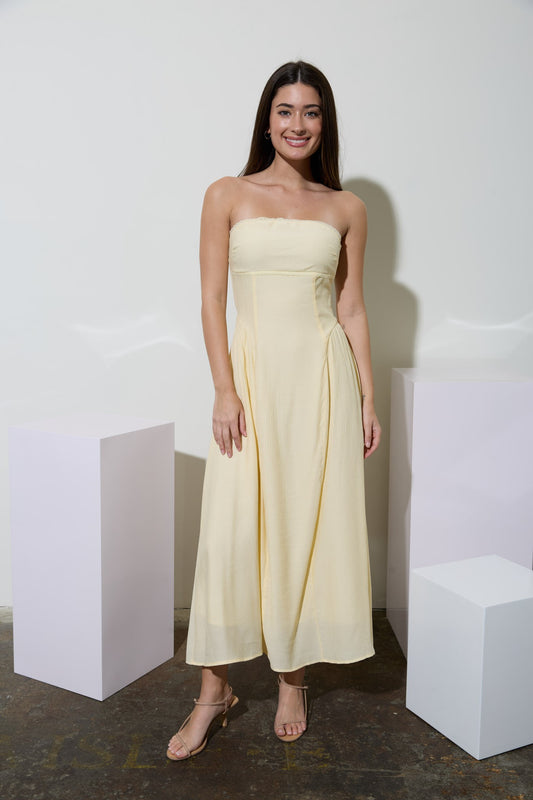 STRAPLESS LACE TRIM MIDI DRESS