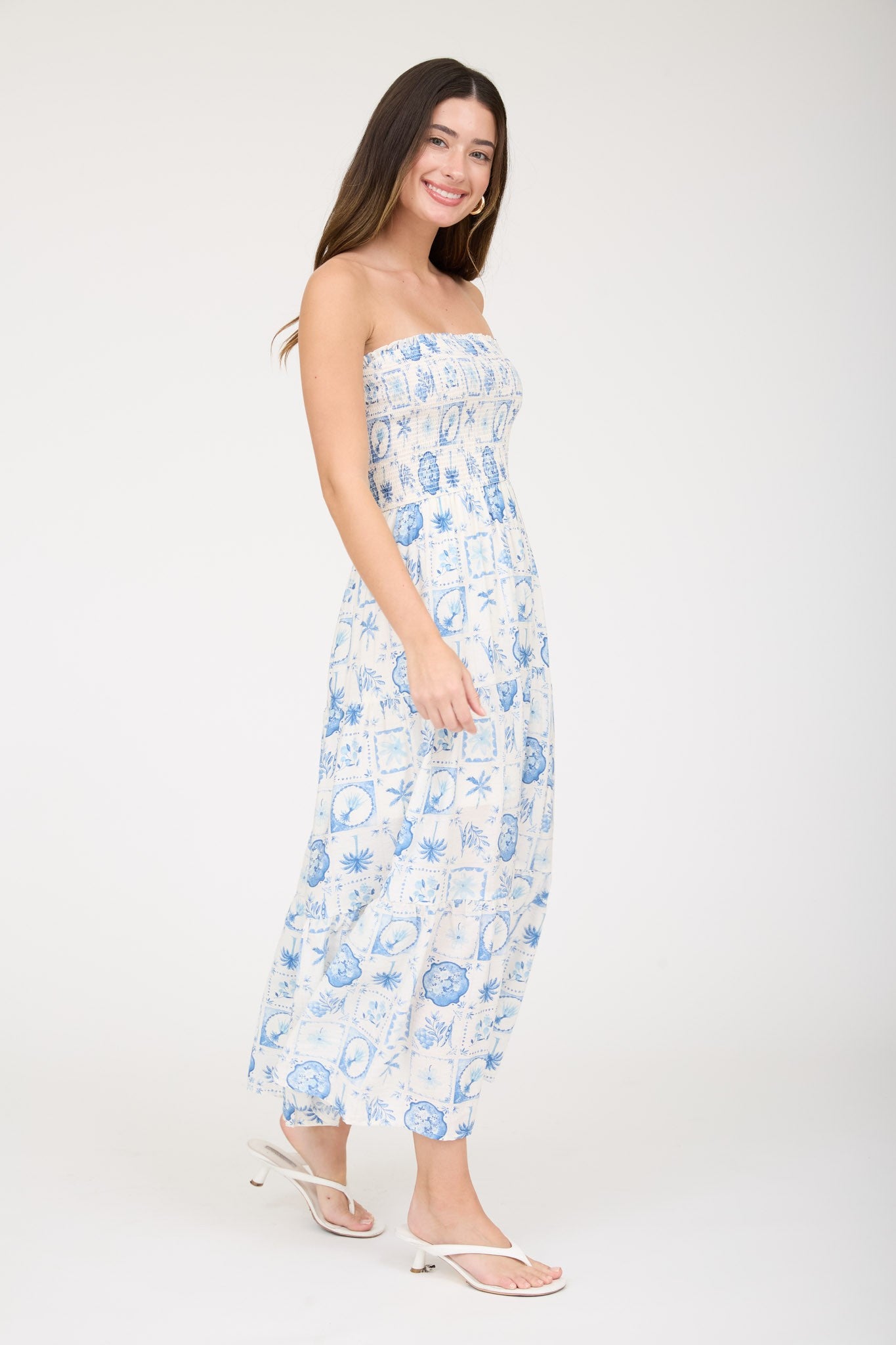 STRAPLESS PRINT MIDI DRESS