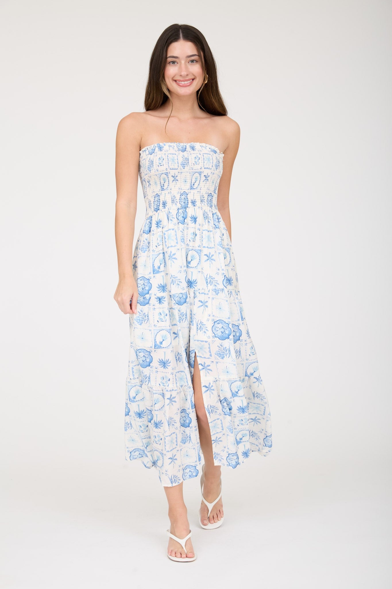 STRAPLESS PRINT MIDI DRESS